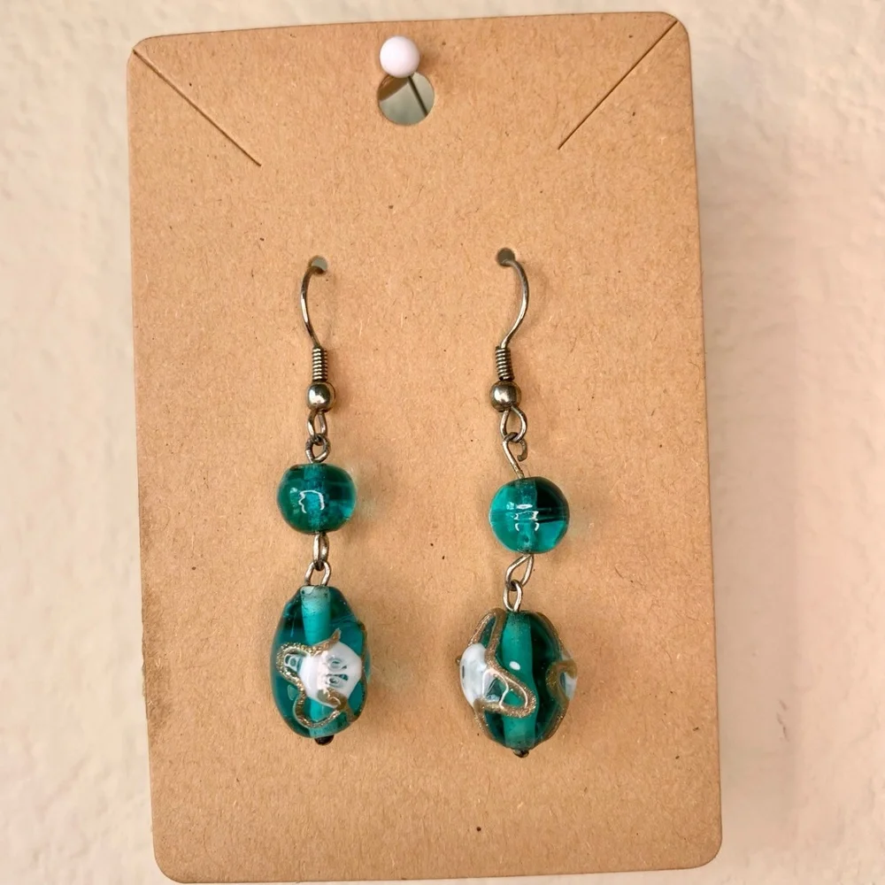 Green Bead with Gold Accent Drop Earrings - Picture 8 of 8
